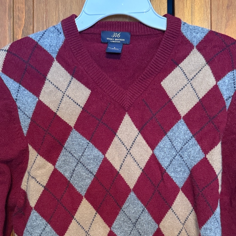 Brooks Brothers V-Neck Argyle Lambswool Sweater - Burgundy, Gray, and Beige